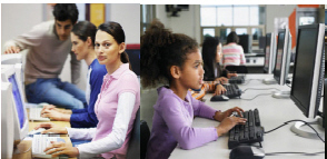 Kids using computers in school.